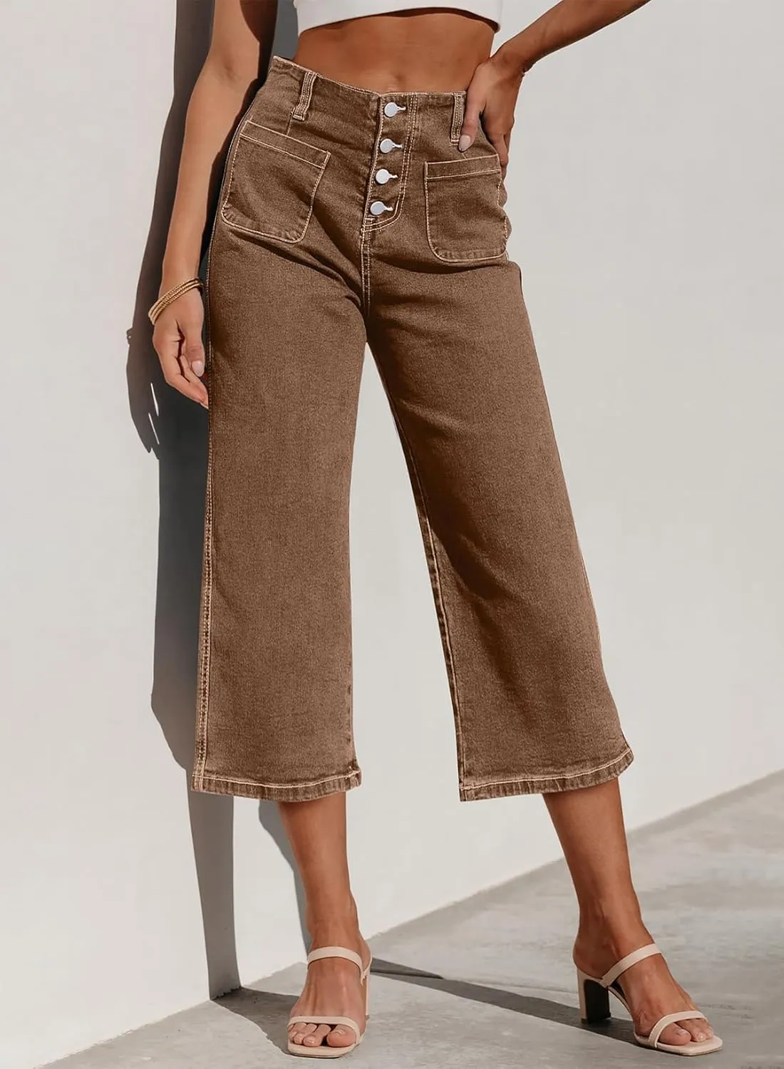 Sidefeel Women's Wide Leg Jeans Zimbaplatinum High Waisted Stretchy Capri Pants Loose Denim Pants