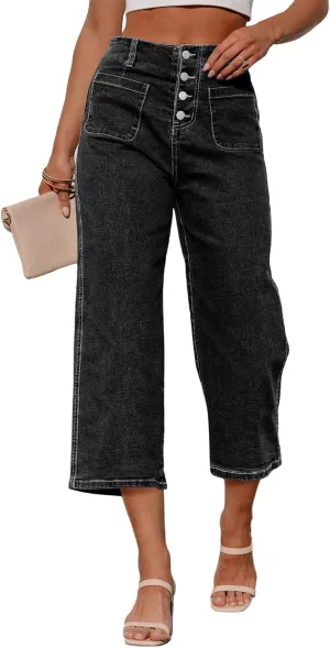Sidefeel Women's Wide Leg Jeans Zimbaplatinum High Waisted Stretchy Capri Pants Loose Denim Pants
