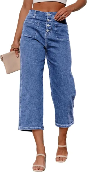 Sidefeel Women's Wide Leg Jeans Zimbaplatinum High Waisted Stretchy Capri Pants Loose Denim Pants