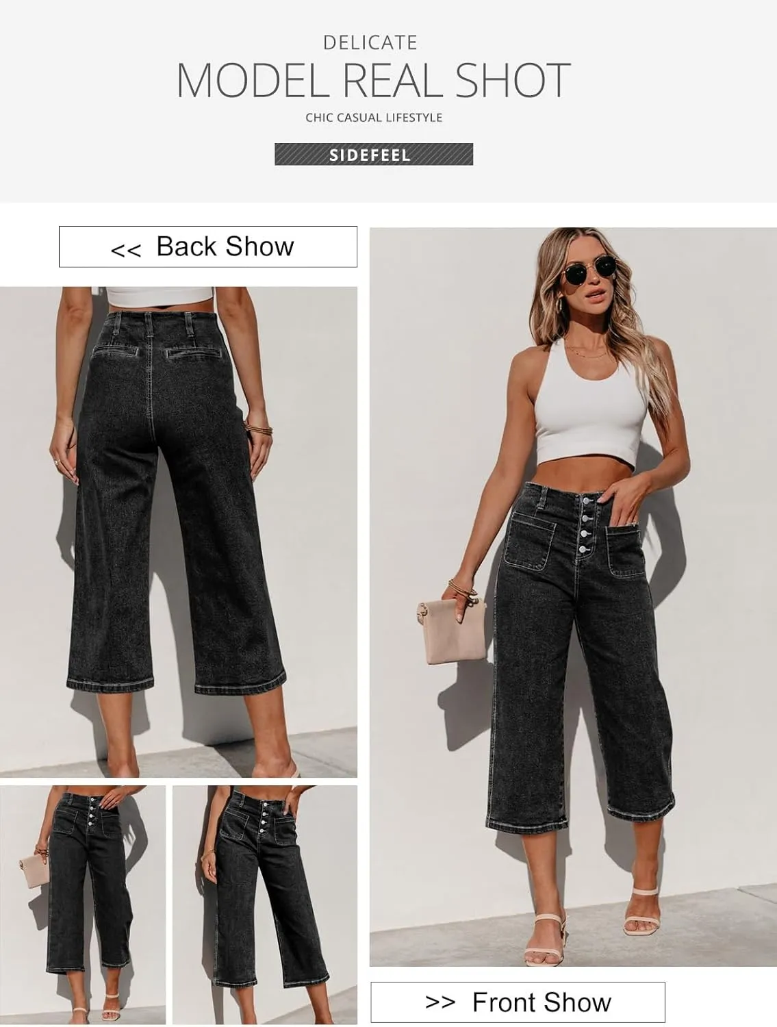 Sidefeel Women's Wide Leg Jeans Zimbaplatinum High Waisted Stretchy Capri Pants Loose Denim Pants