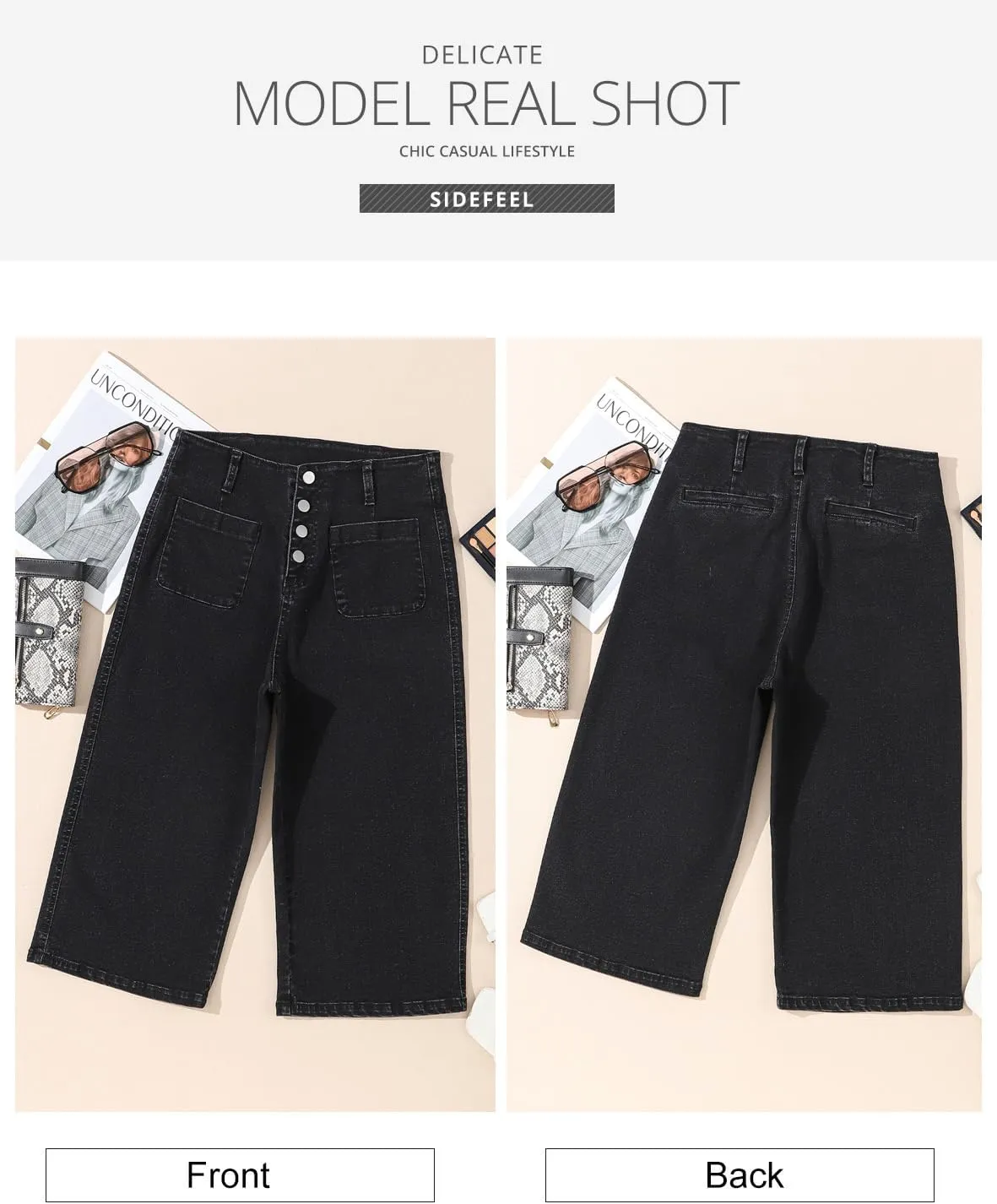 Sidefeel Women's Wide Leg Jeans Zimbaplatinum High Waisted Stretchy Capri Pants Loose Denim Pants
