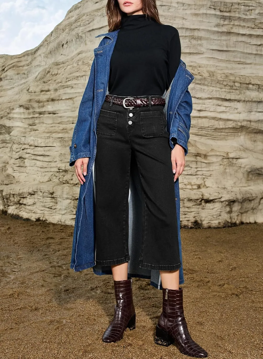 Sidefeel Women's Wide Leg Jeans Zimbaplatinum High Waisted Stretchy Capri Pants Loose Denim Pants