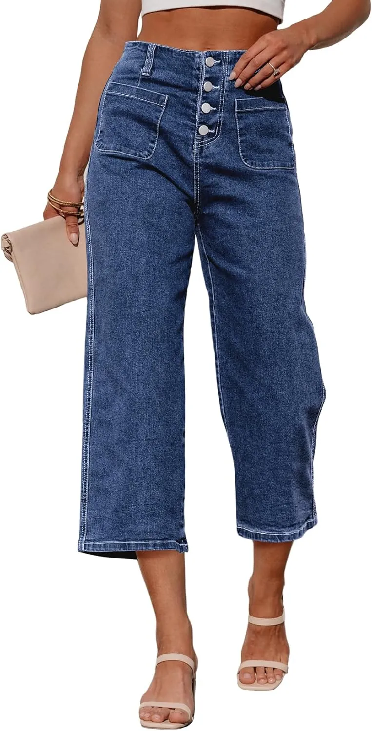 Sidefeel Women's Wide Leg Jeans Zimbaplatinum High Waisted Stretchy Capri Pants Loose Denim Pants