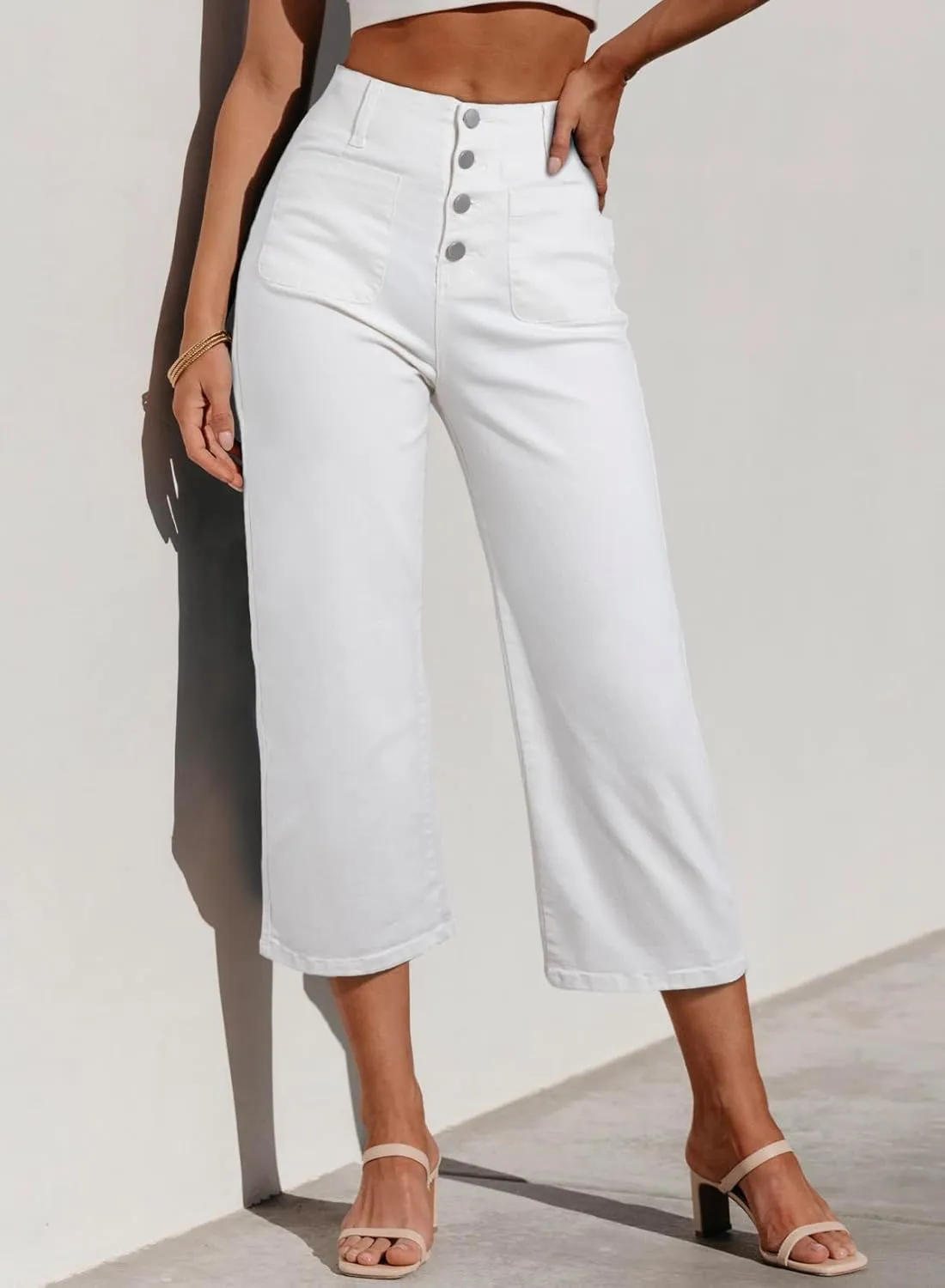 Sidefeel Women's Wide Leg Jeans Zimbaplatinum High Waisted Stretchy Capri Pants Loose Denim Pants