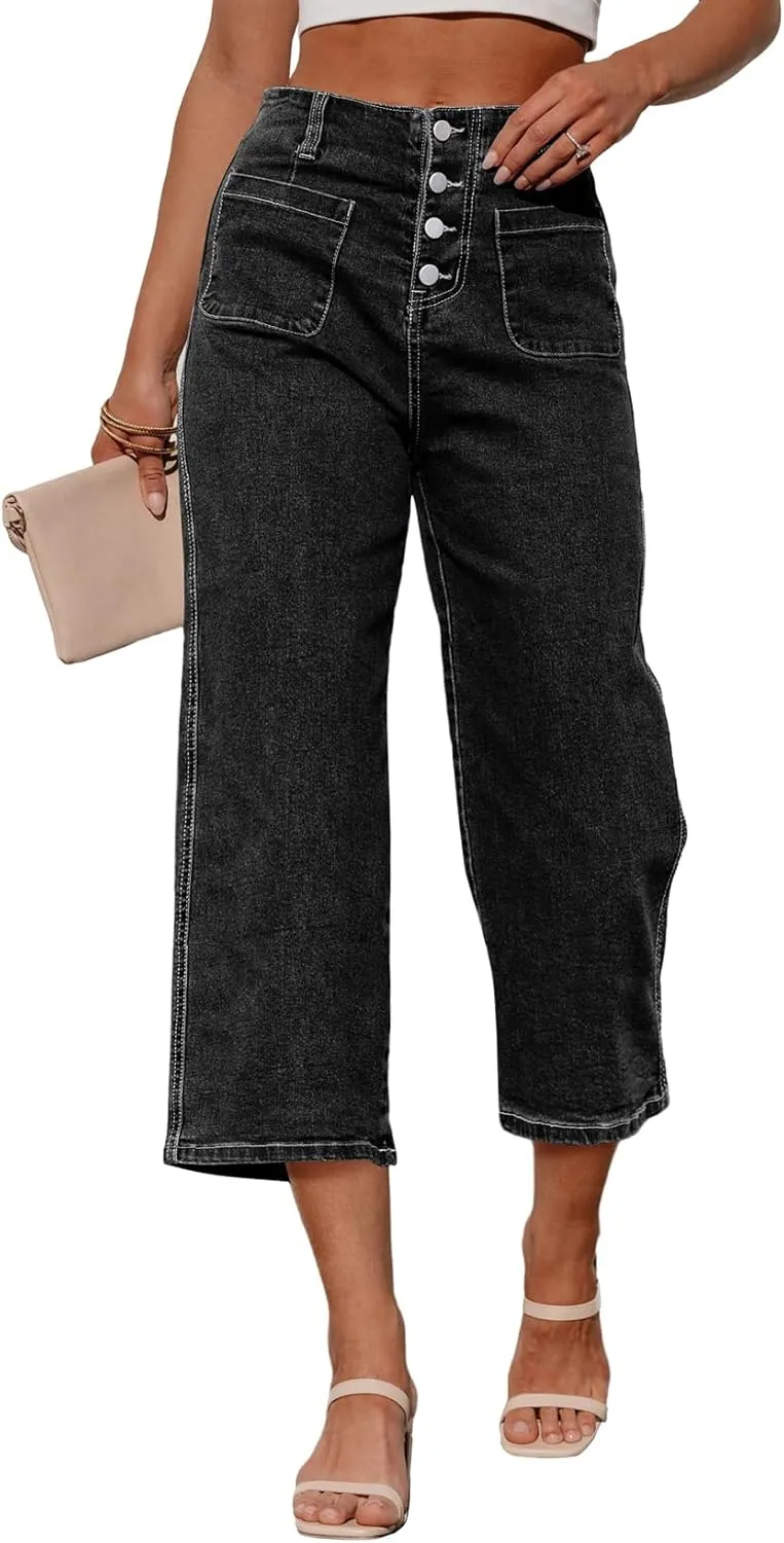 Sidefeel Women's Wide Leg Jeans Zimbaplatinum High Waisted Stretchy Capri Pants Loose Denim Pants