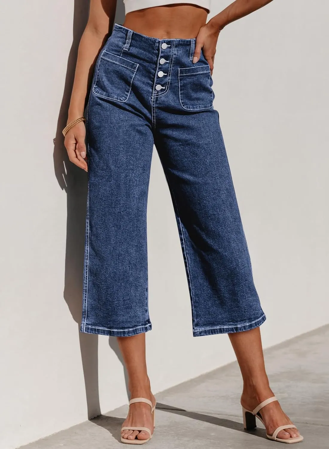 Sidefeel Women's Wide Leg Jeans Zimbaplatinum High Waisted Stretchy Capri Pants Loose Denim Pants