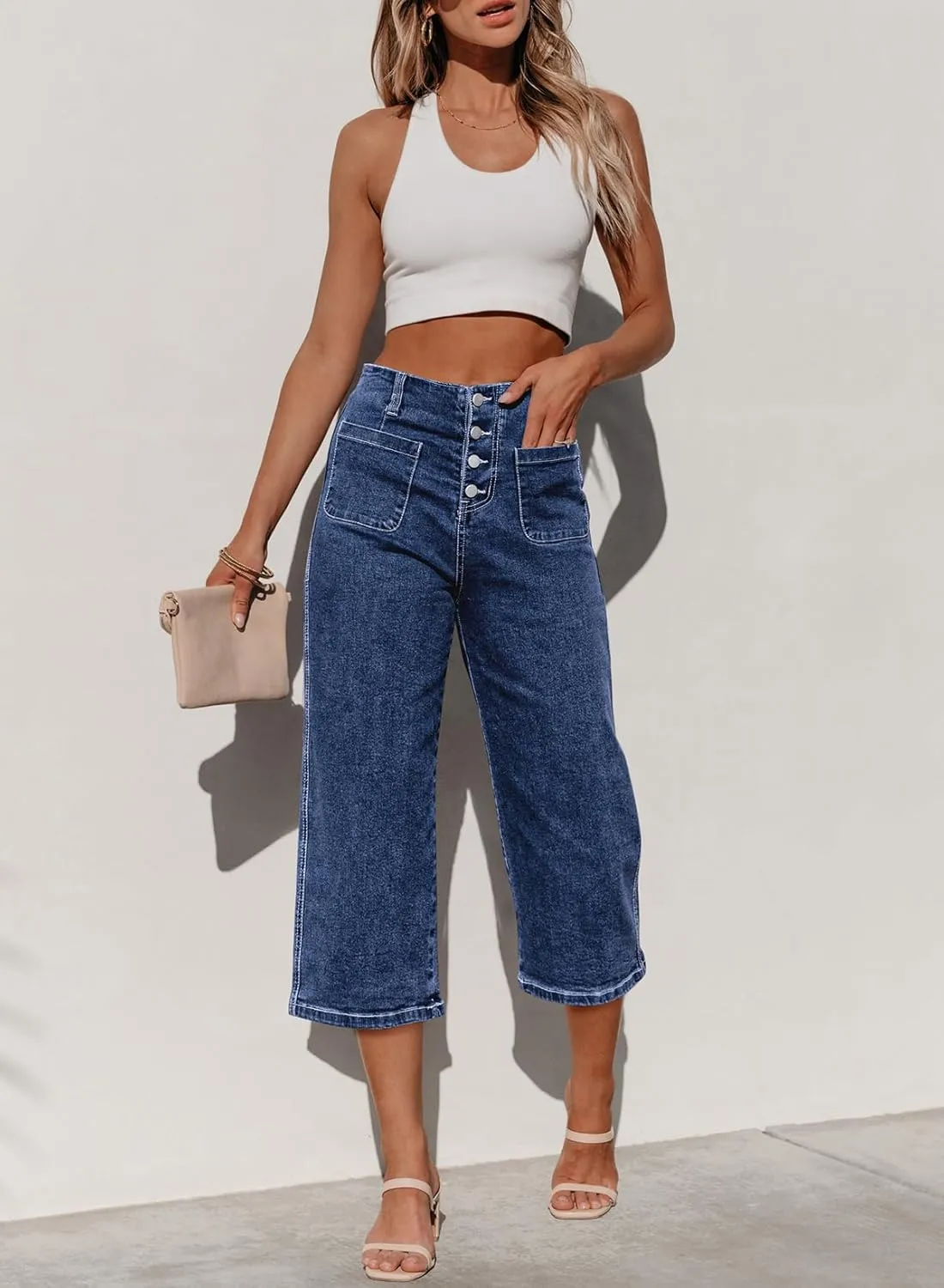 Sidefeel Women's Wide Leg Jeans Zimbaplatinum High Waisted Stretchy Capri Pants Loose Denim Pants