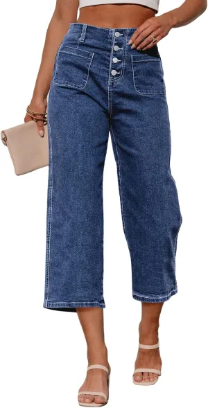Sidefeel Women's Wide Leg Jeans Zimbaplatinum High Waisted Stretchy Capri Pants Loose Denim Pants