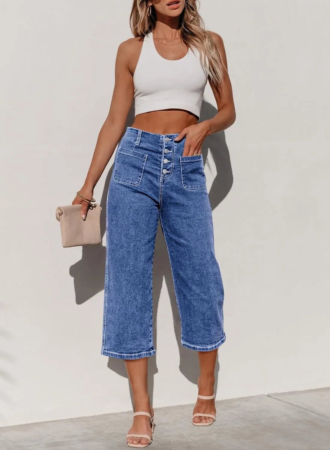 Sidefeel Women's Wide Leg Jeans Zimbaplatinum High Waisted Stretchy Capri Pants Loose Denim Pants
