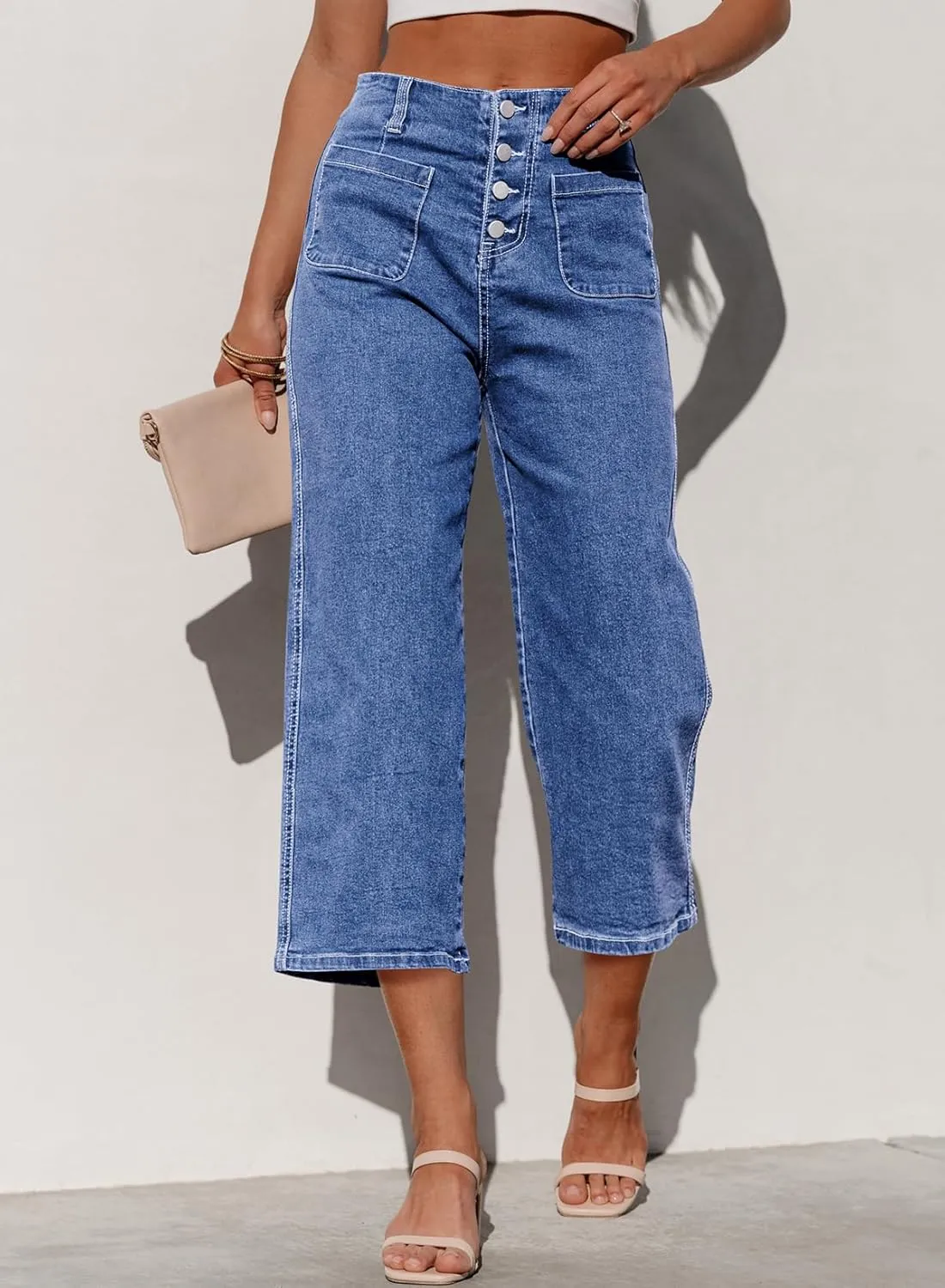 Sidefeel Women's Wide Leg Jeans Zimbaplatinum High Waisted Stretchy Capri Pants Loose Denim Pants