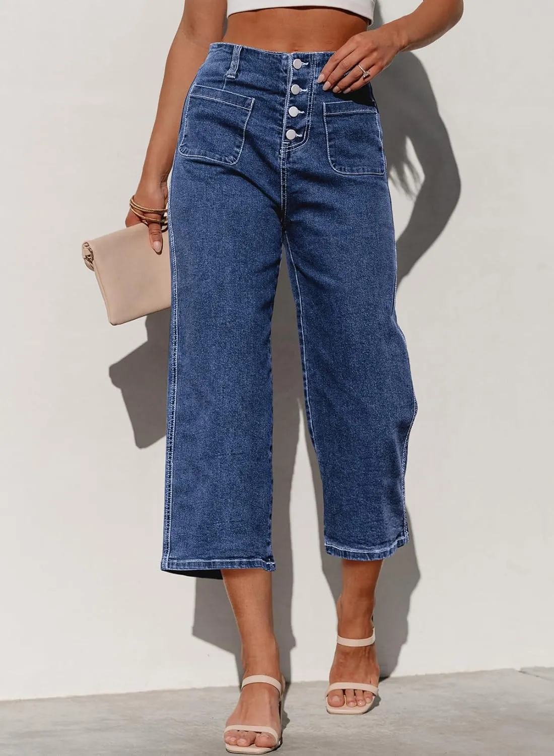 Sidefeel Women's Wide Leg Jeans Zimbaplatinum High Waisted Stretchy Capri Pants Loose Denim Pants