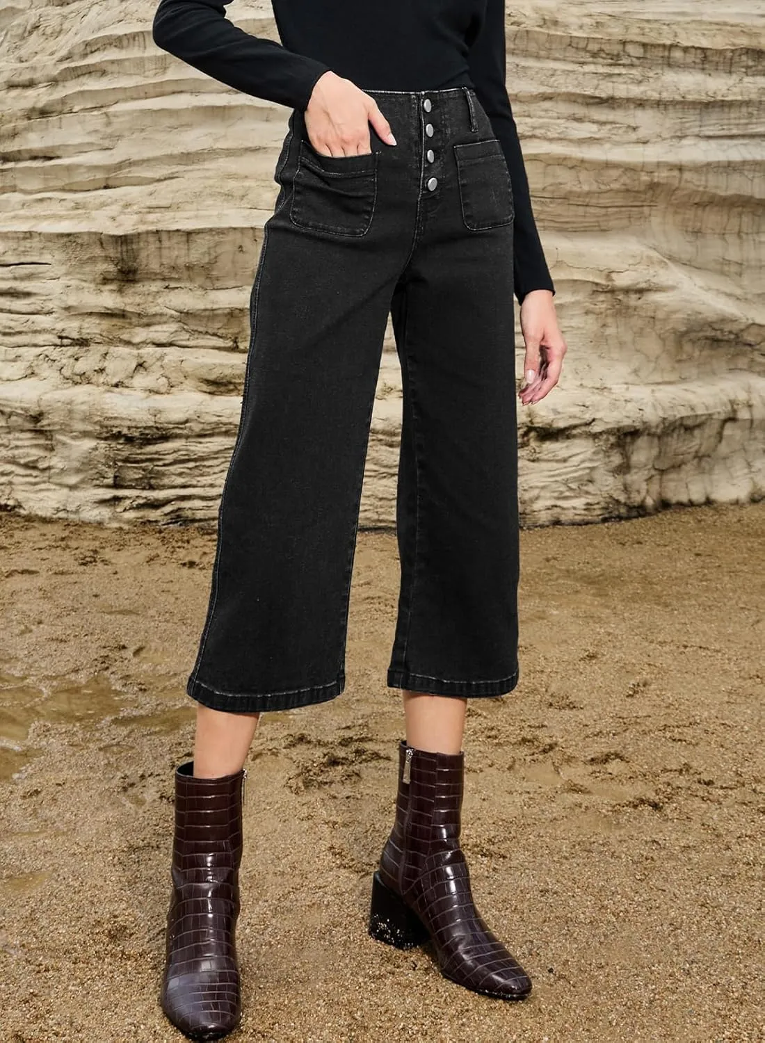Sidefeel Women's Wide Leg Jeans Zimbaplatinum High Waisted Stretchy Capri Pants Loose Denim Pants