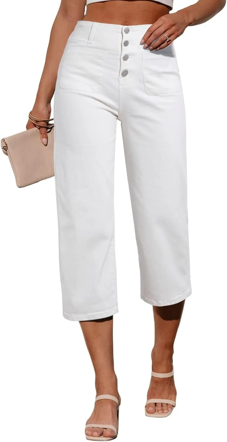 Sidefeel Women's Wide Leg Jeans Zimbaplatinum High Waisted Stretchy Capri Pants Loose Denim Pants