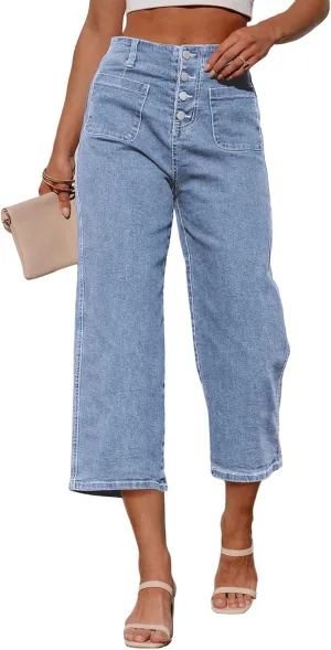 Sidefeel Women's Wide Leg Jeans Zimbaplatinum High Waisted Stretchy Capri Pants Loose Denim Pants