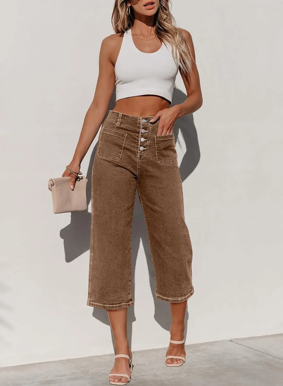 Sidefeel Women's Wide Leg Jeans Zimbaplatinum High Waisted Stretchy Capri Pants Loose Denim Pants