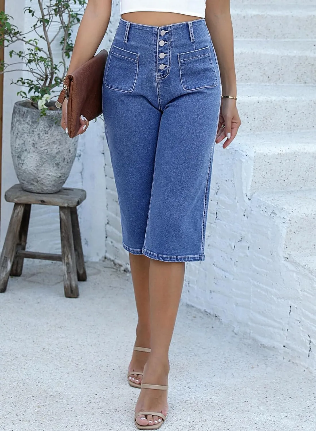 Sidefeel Women's Wide Leg Jeans Zimbaplatinum High Waisted Stretchy Capri Pants Loose Denim Pants