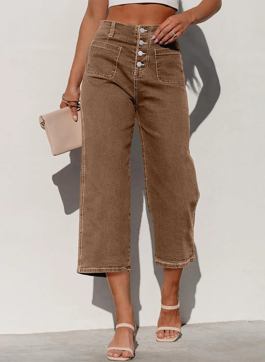 Sidefeel Women's Wide Leg Jeans Zimbaplatinum High Waisted Stretchy Capri Pants Loose Denim Pants