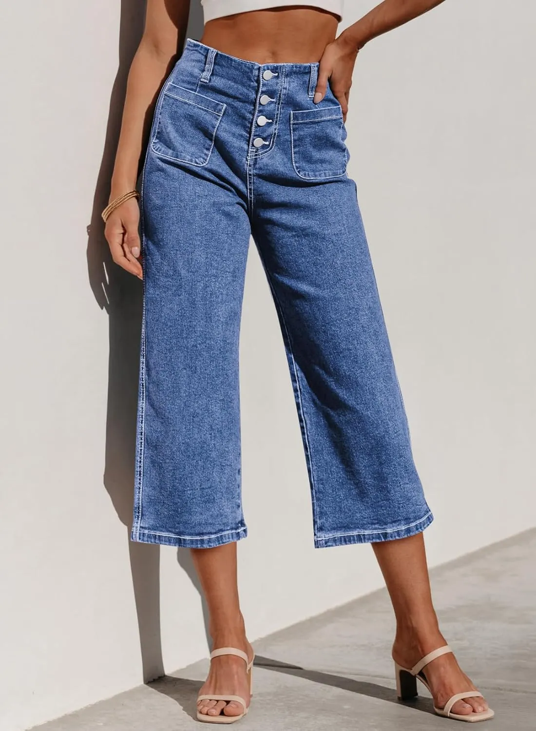 Sidefeel Women's Wide Leg Jeans Zimbaplatinum High Waisted Stretchy Capri Pants Loose Denim Pants