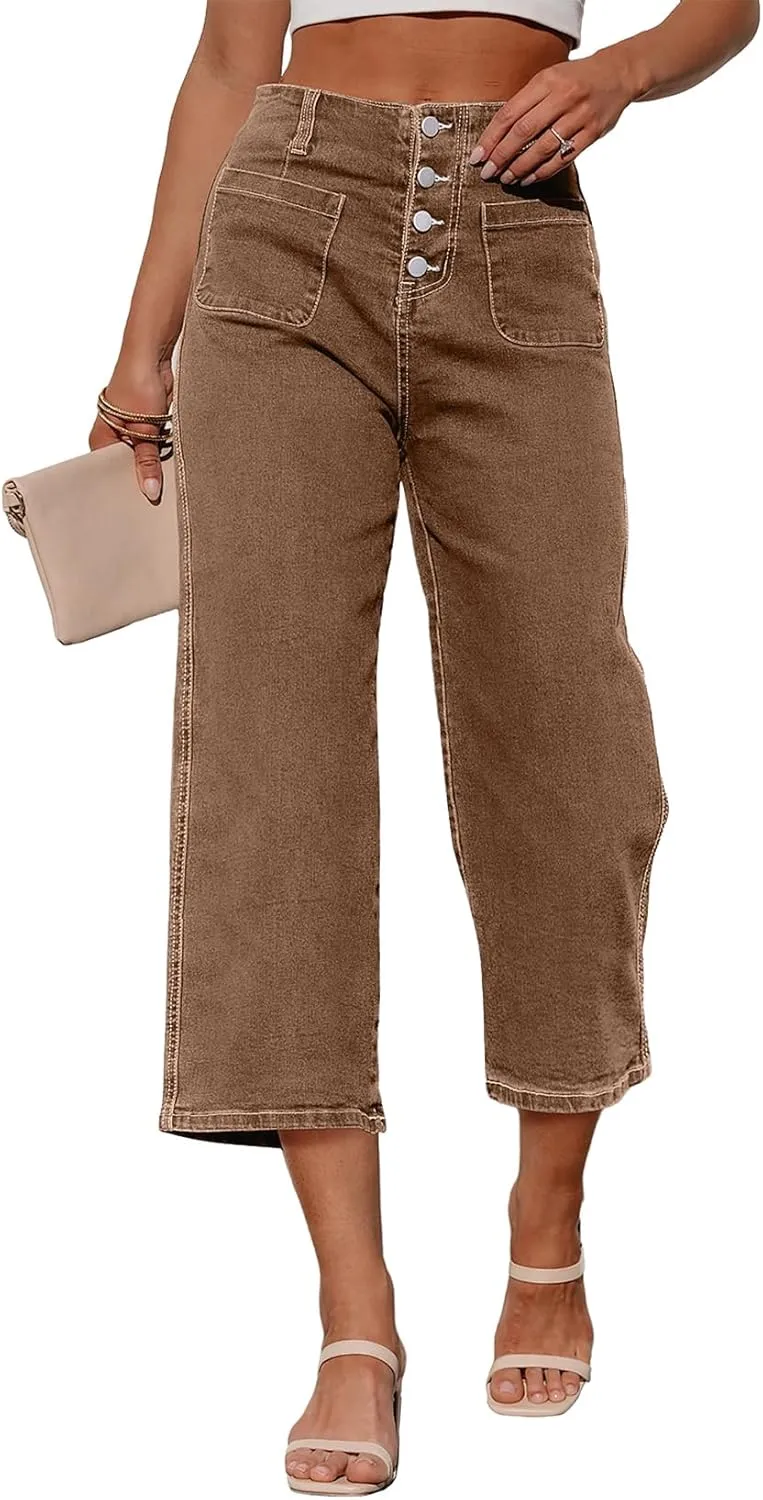 Sidefeel Women's Wide Leg Jeans Zimbaplatinum High Waisted Stretchy Capri Pants Loose Denim Pants