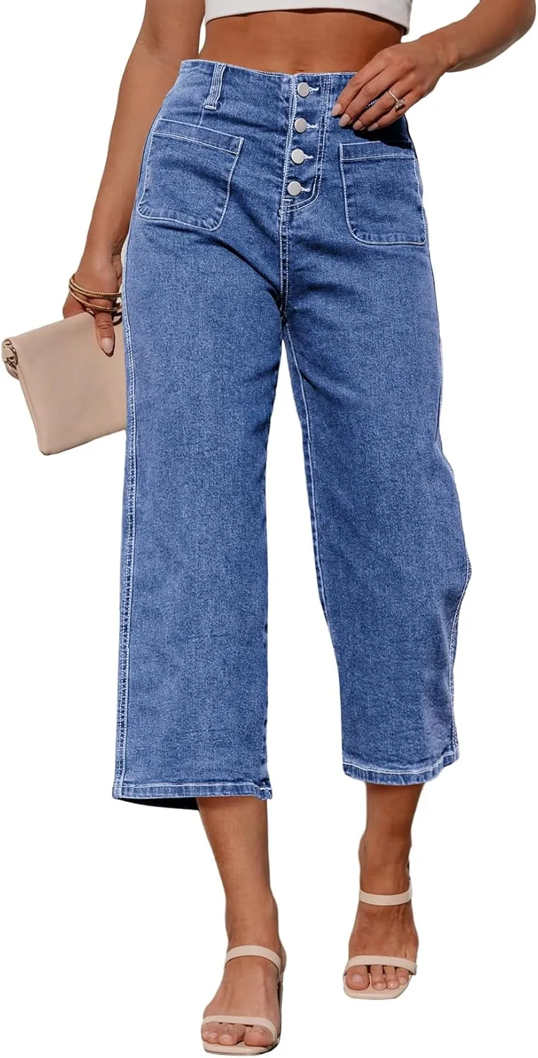 Sidefeel Women's Wide Leg Jeans Zimbaplatinum High Waisted Stretchy Capri Pants Loose Denim Pants