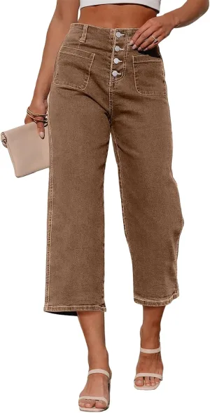Sidefeel Women's Wide Leg Jeans Zimbaplatinum High Waisted Stretchy Capri Pants Loose Denim Pants