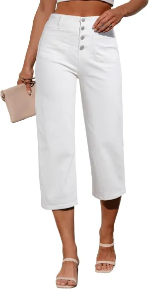 Sidefeel Women's Wide Leg Jeans Zimbaplatinum High Waisted Stretchy Capri Pants Loose Denim Pants