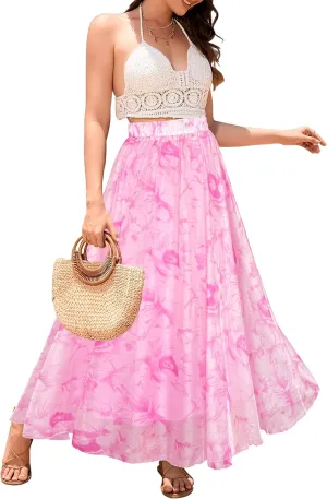 Sinono Women's Floral Maxi Chiffon Long Skirts Full Length Beach Skirt