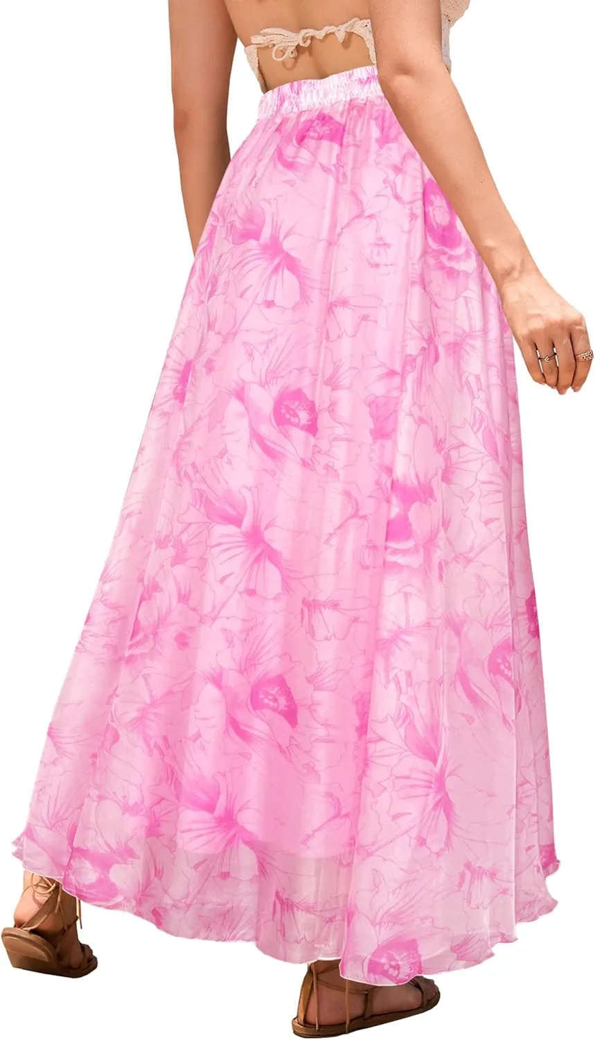 Sinono Women's Floral Maxi Chiffon Long Skirts Full Length Beach Skirt