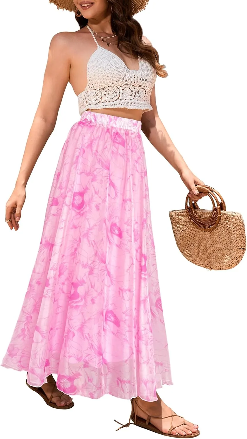Sinono Women's Floral Maxi Chiffon Long Skirts Full Length Beach Skirt