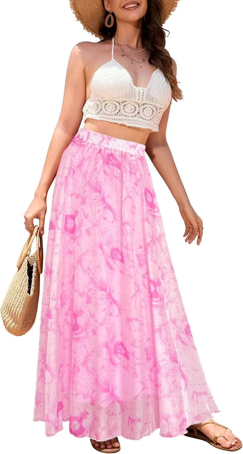 Sinono Women's Floral Maxi Chiffon Long Skirts Full Length Beach Skirt