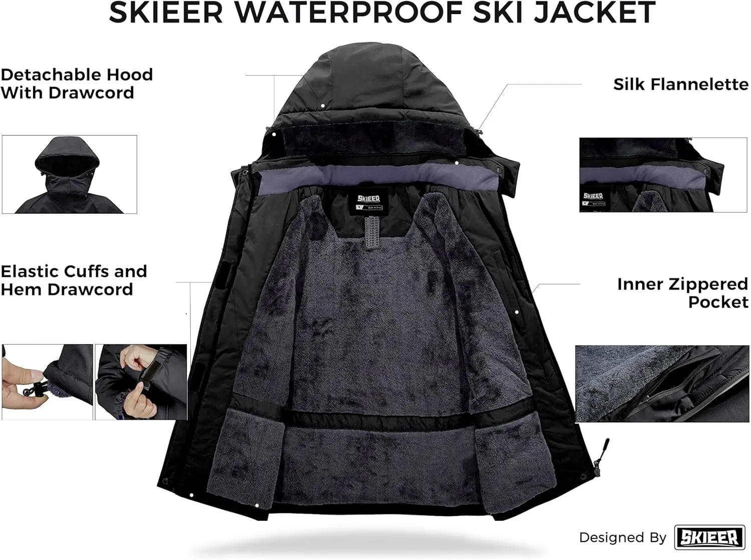 Skieer Women's Ski Jacket Waterproof Windproof Snowboard Jacket Warm Hooded Winter Coat
