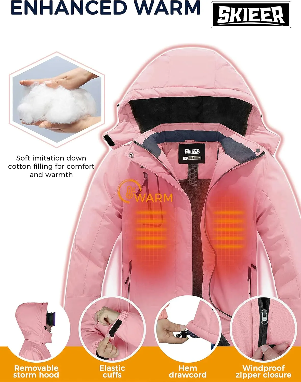 Skieer Women's Ski Jacket Waterproof Windproof Snowboard Jacket Warm Hooded Winter Coat