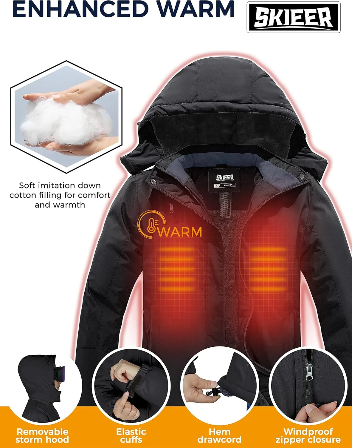 Skieer Women's Ski Jacket Waterproof Windproof Snowboard Jacket Warm Hooded Winter Coat