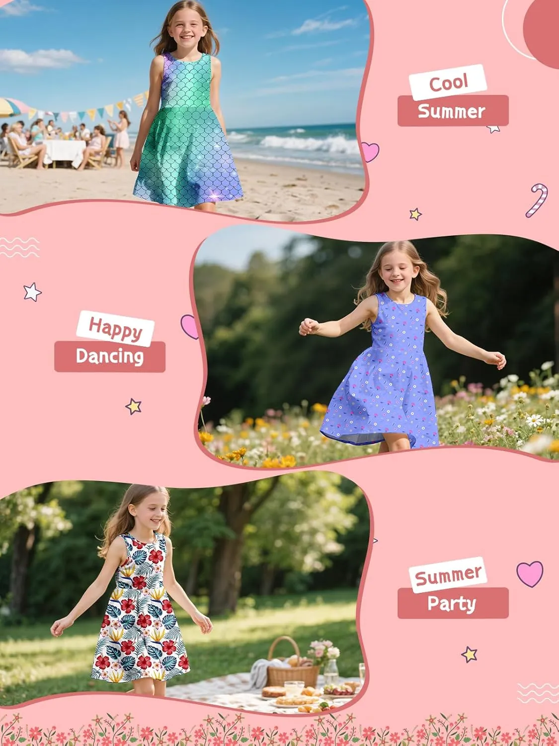 Sleeveless Summer Dress for Girls, Tropical Print Beach Vacation Sundress for Party and Birthday Gift