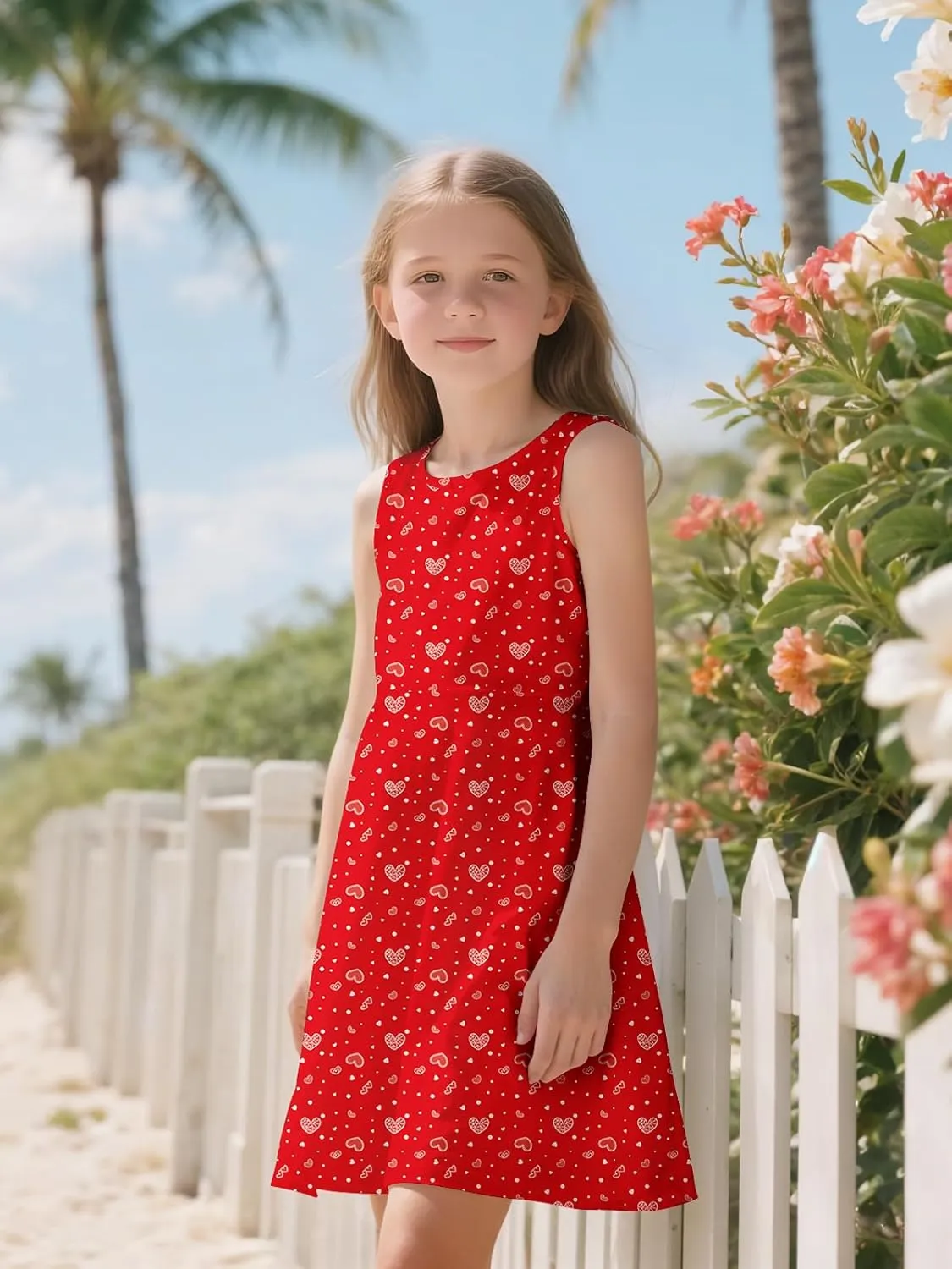 Sleeveless Summer Dress for Girls, Tropical Print Beach Vacation Sundress for Party and Birthday Gift