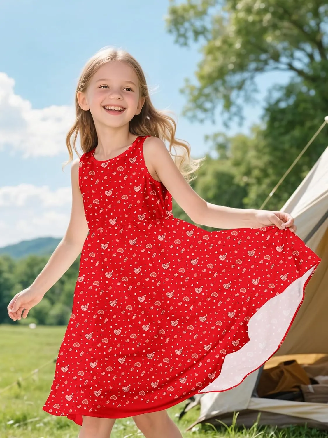 Sleeveless Summer Dress for Girls, Tropical Print Beach Vacation Sundress for Party and Birthday Gift