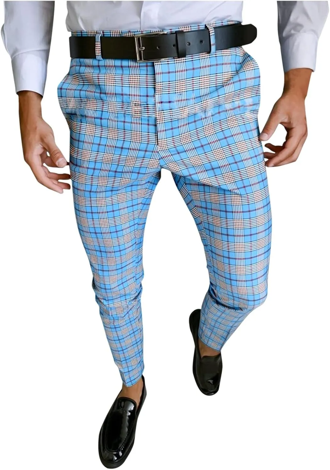 Slim Fit Plaid Pants for Men Casual Big & Tall Stretch Skinny Business Work Dress Pants Flat-Front Pocket Zipper Trouser Light Blue