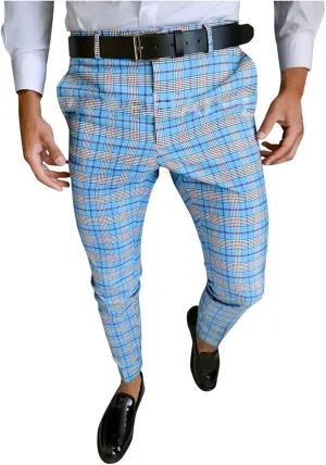 Slim Fit Plaid Pants for Men Casual Big & Tall Stretch Skinny Business Work Dress Pants Flat-Front Pocket Zipper Trouser Light Blue