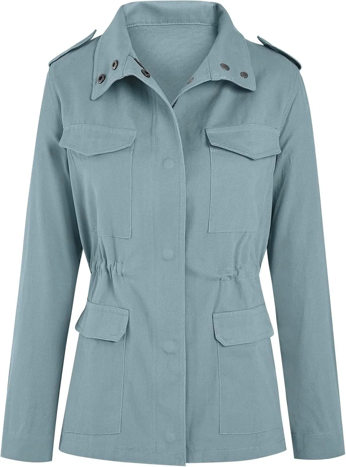 Soulomelody Women Military Anorak Jackets Zip Up Snap Buttons Parka Safari Utility Coats Outwear with Pocket