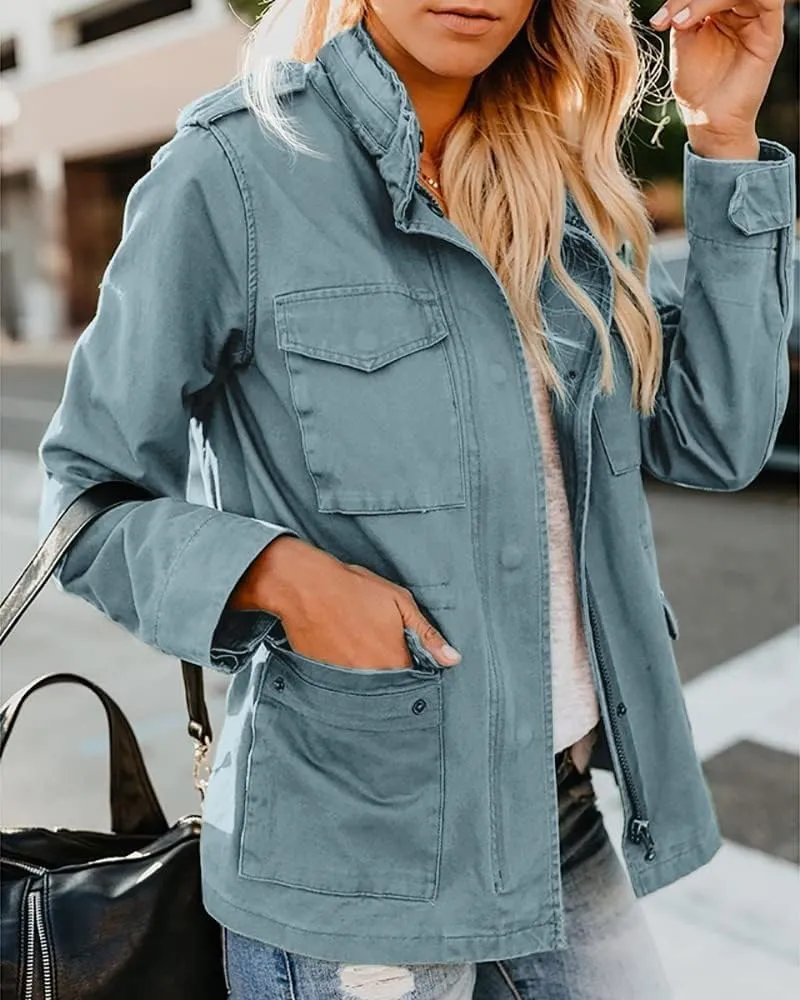 Soulomelody Women Military Anorak Jackets Zip Up Snap Buttons Parka Safari Utility Coats Outwear with Pocket