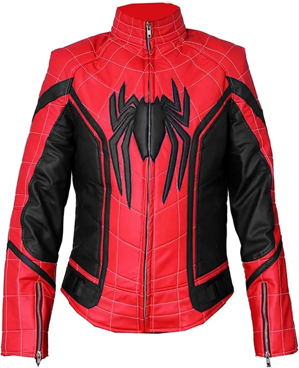 Spider Classic Men Web Red and Black Faux Leather Jacket