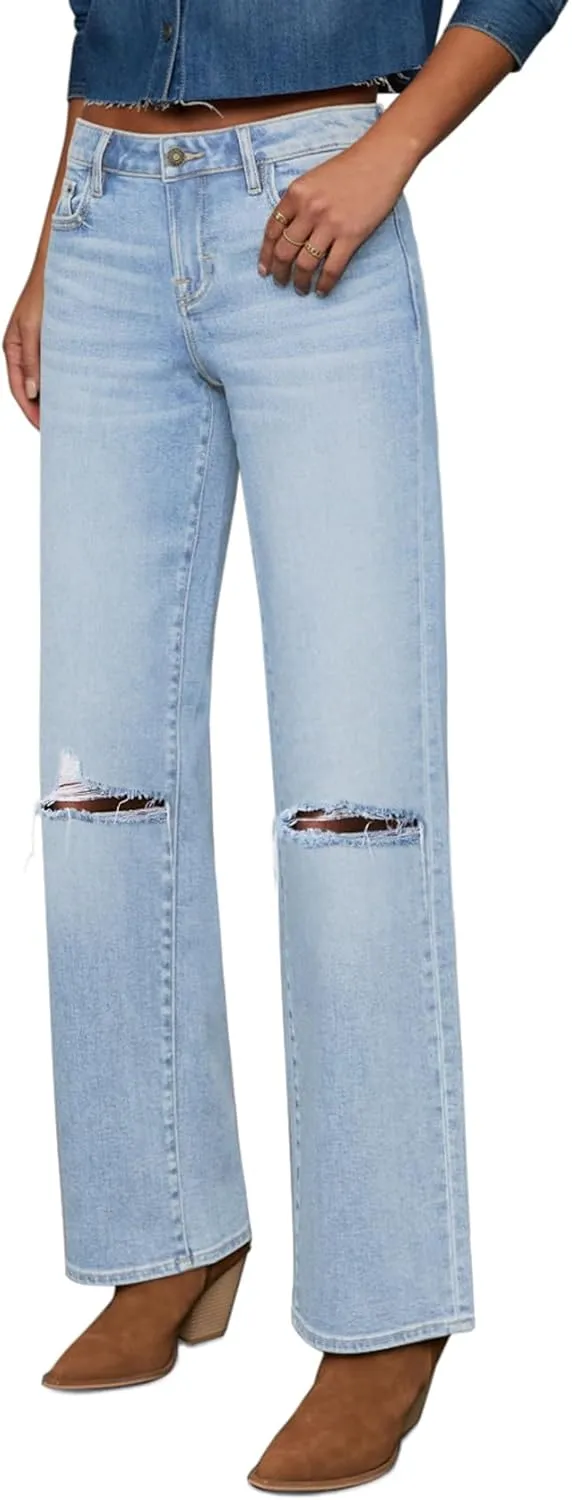 Straight Leg Jeans for Women Trendy High Waisted Cropped Boyfriend Mom Stretchy Frayed Hem Loose Wide Leg Baggy Pants