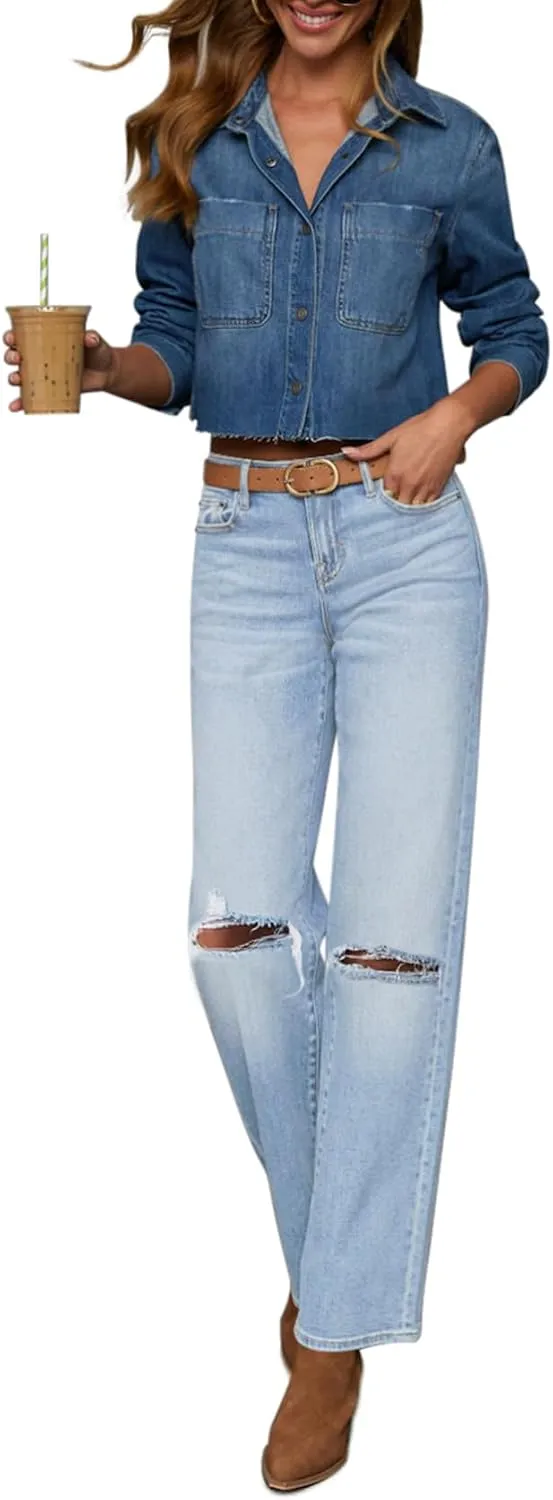 Straight Leg Jeans for Women Trendy High Waisted Cropped Boyfriend Mom Stretchy Frayed Hem Loose Wide Leg Baggy Pants