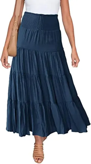 Summer Boho Elastic Waist Pleated Midi Skirt for Women A-Line Flowy Swing Long Beach Midi Skirt