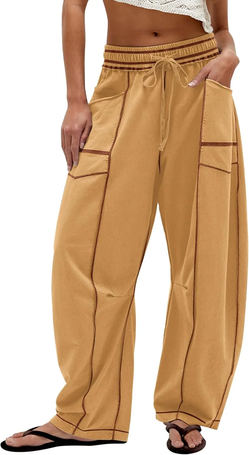 Summer Casual Wide Leg Pants for Women Drawstring Baggy Barrel Sweatpants High Waist Palazzo Lounge Pant with Pockets