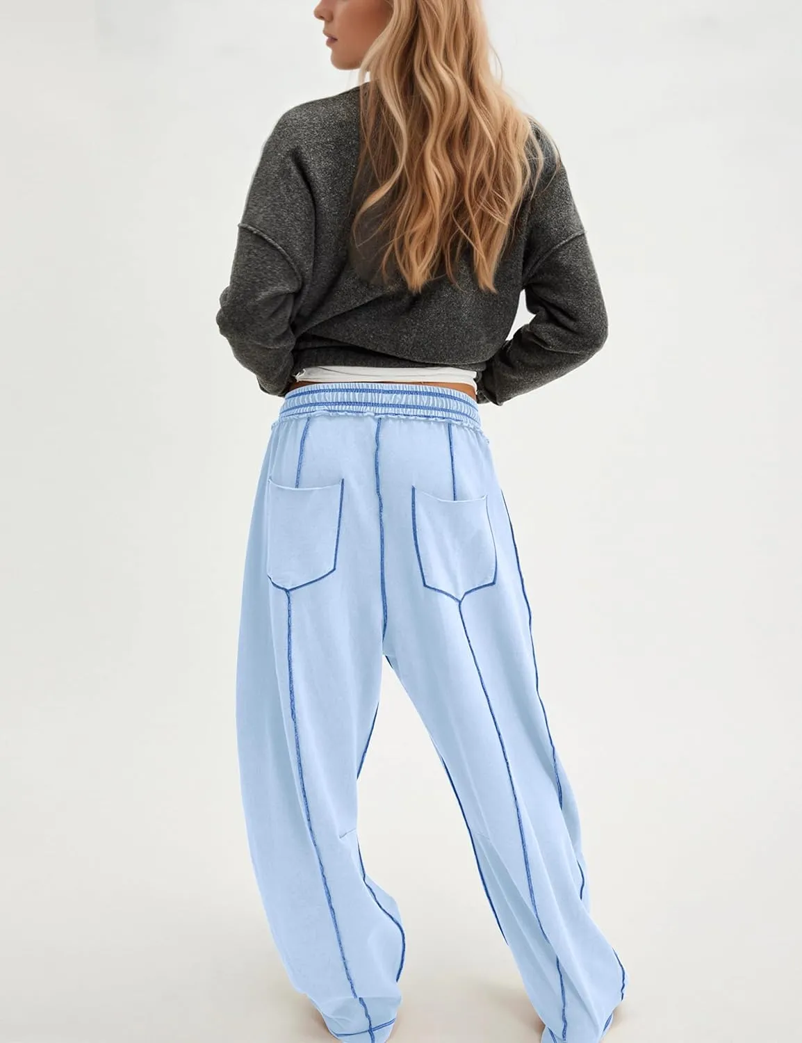 Summer Casual Wide Leg Pants for Women Drawstring Baggy Barrel Sweatpants High Waist Palazzo Lounge Pant with Pockets