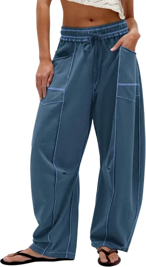 Summer Casual Wide Leg Pants for Women Drawstring Baggy Barrel Sweatpants High Waist Palazzo Lounge Pant with Pockets
