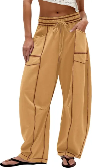 Summer Casual Wide Leg Pants for Women Drawstring Baggy Barrel Sweatpants High Waist Palazzo Lounge Pant with Pockets