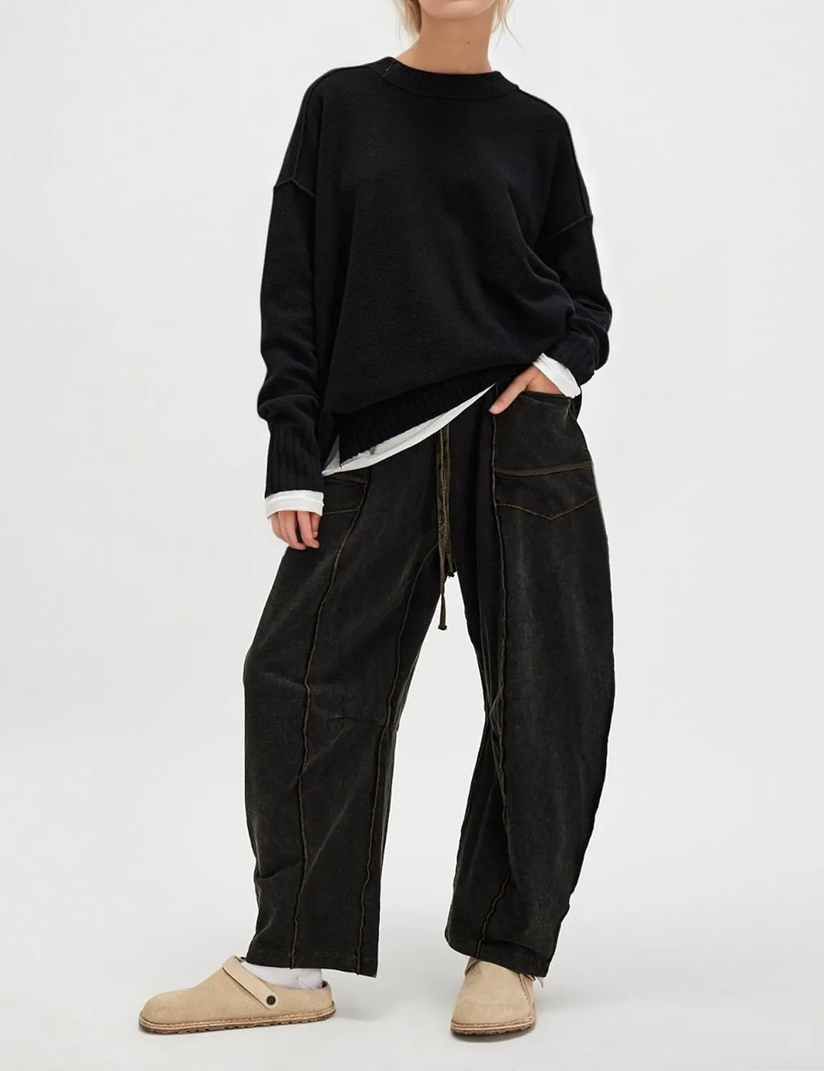 Summer Casual Wide Leg Pants for Women Drawstring Baggy Barrel Sweatpants High Waist Palazzo Lounge Pant with Pockets