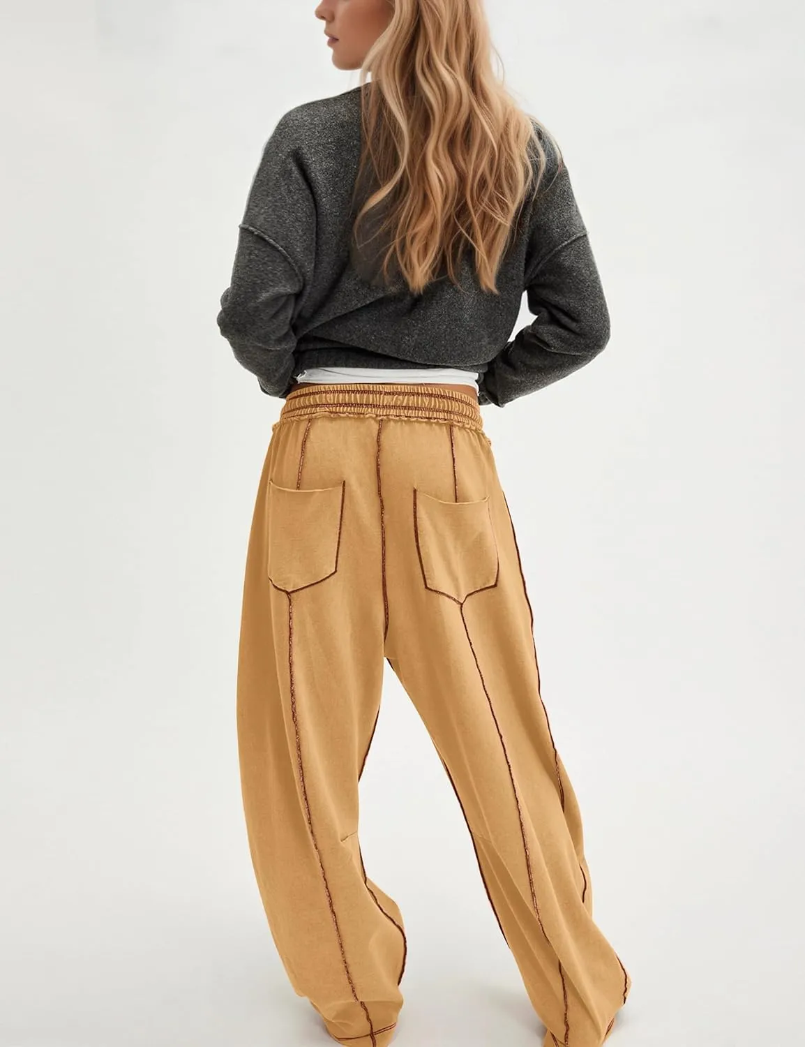 Summer Casual Wide Leg Pants for Women Drawstring Baggy Barrel Sweatpants High Waist Palazzo Lounge Pant with Pockets